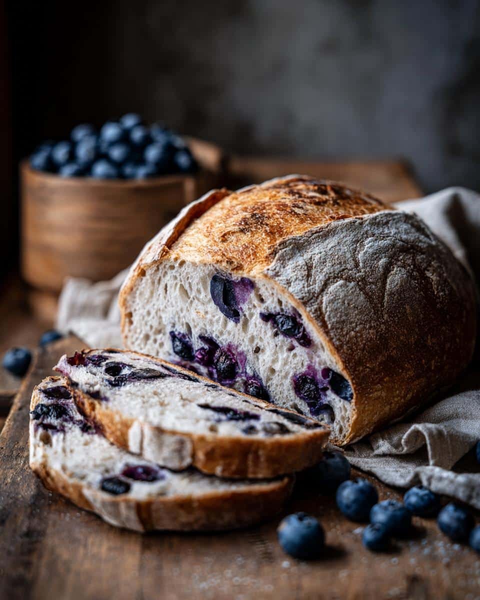 Bake Unforgettable Blueberry Sourdough Bread in Just 1 Hour 6 A sliced loaf of blueberry sourdough bread on a wooden board, showing the blueberries inside. Fresh blueberries scattered around.