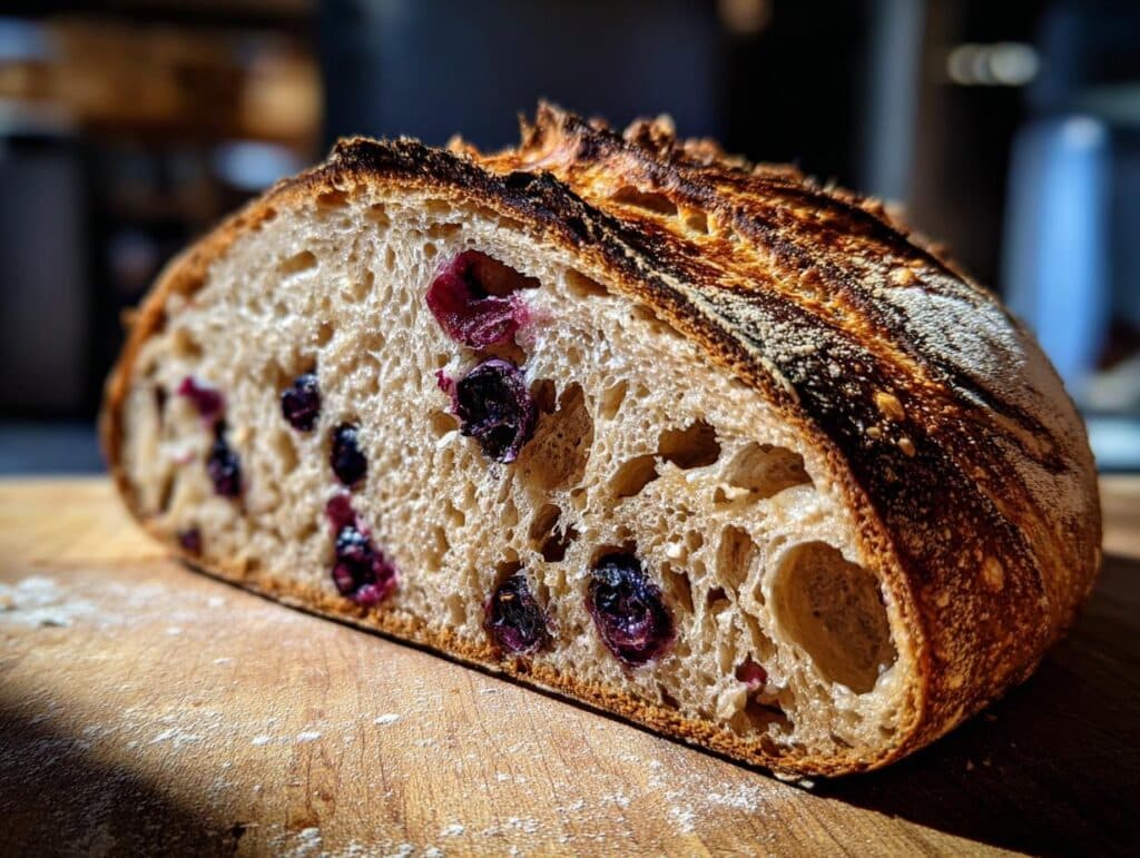 Close-up of a sliced blueberry sourdough bread loaf showing blueberries and airy texture.