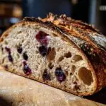 Close-up of a sliced blueberry sourdough bread loaf showing blueberries and airy texture.