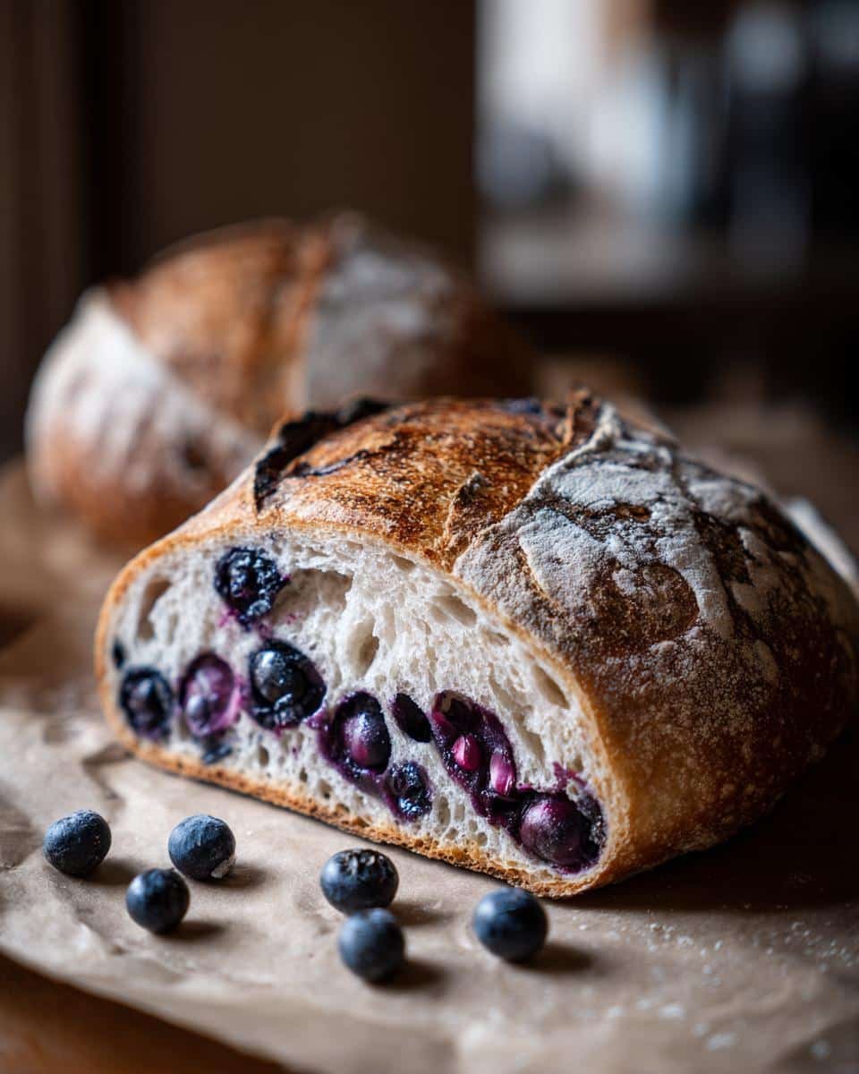 Bake Unforgettable Blueberry Sourdough Bread in Just 1 Hour 7 A sliced loaf of blueberry sourdough bread with fresh blueberries scattered around it on parchment paper.