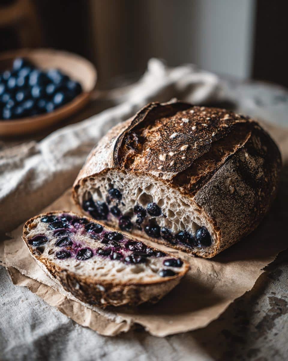 Bake Unforgettable Blueberry Sourdough Bread in Just 1 Hour 8 A sliced loaf of homemade blueberry sourdough bread, showcasing the blueberries within the crumb.