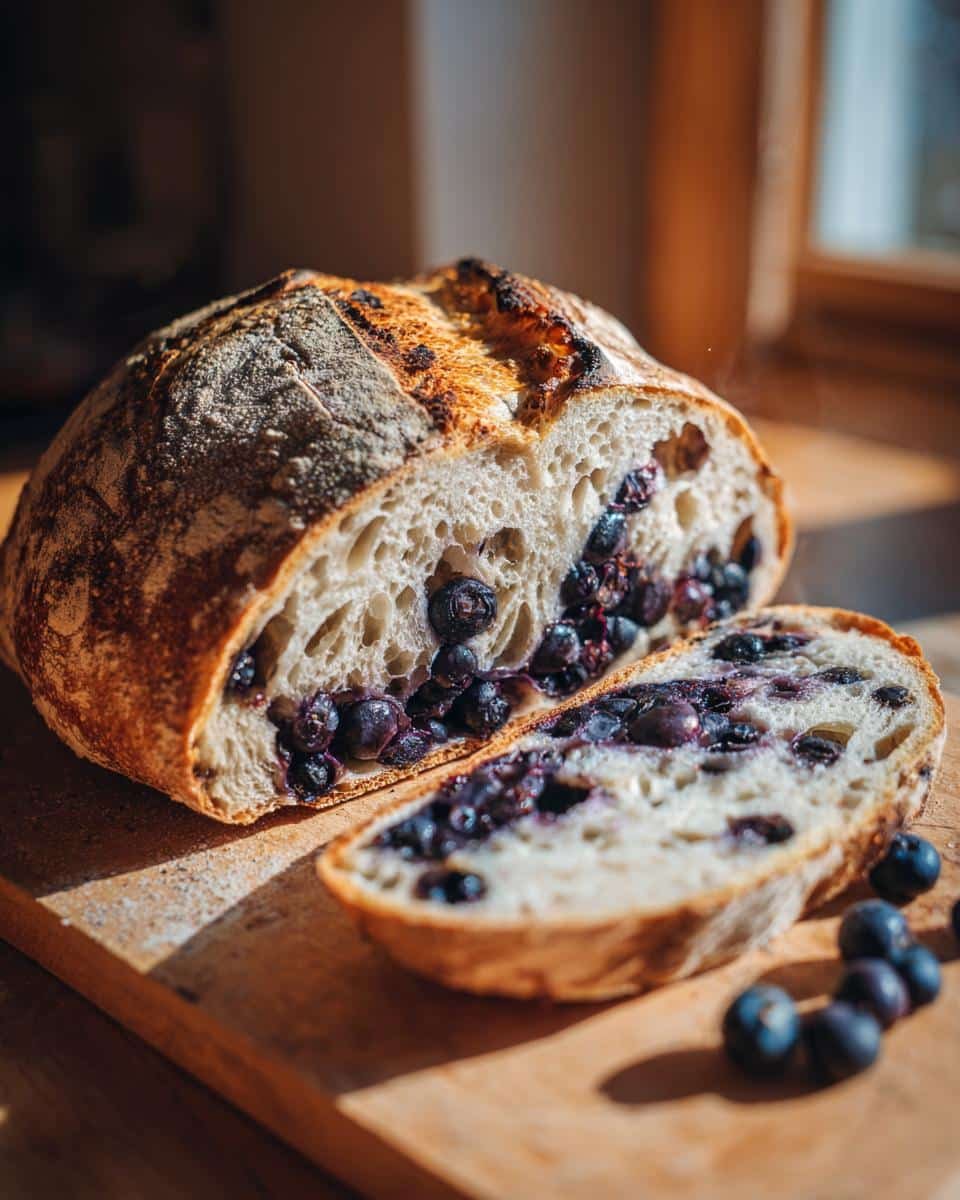 Bake Unforgettable Blueberry Sourdough Bread in Just 1 Hour 9 Close-up of sliced blueberry sourdough bread on a wooden board, showing blueberries and crust.