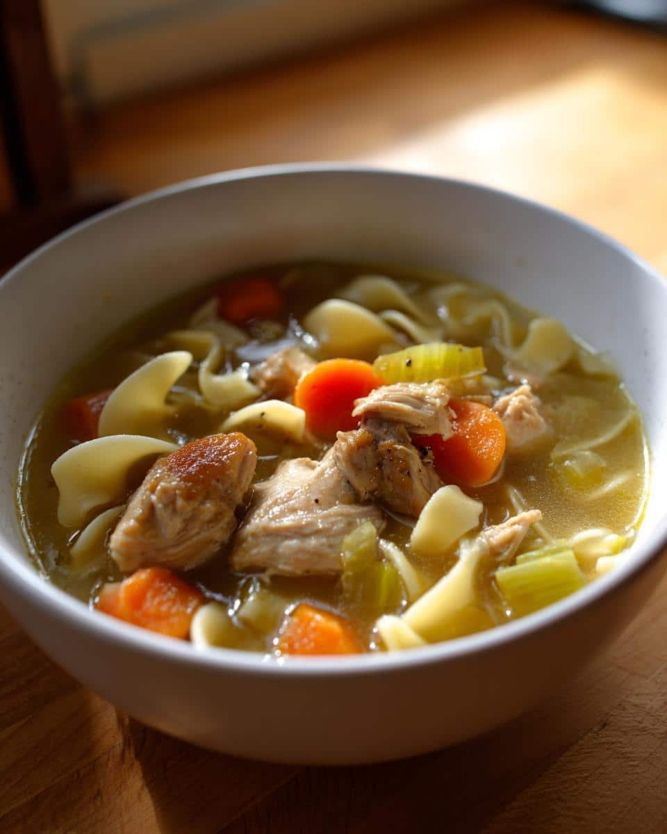 Grandma's Chicken Noodle Soup: Banishes the Blues 9 A comforting bowl of chicken noodle soup with chicken, noodles, carrots, and celery.