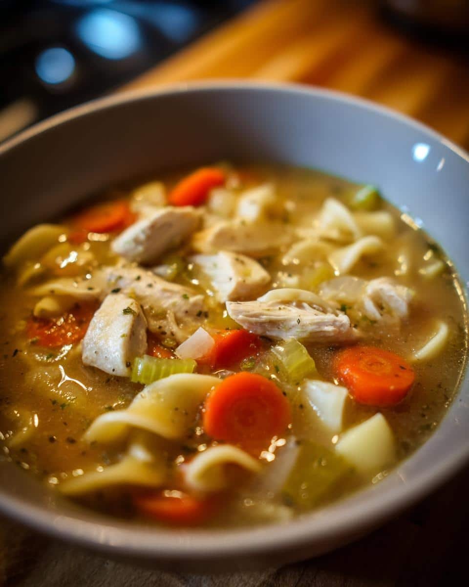 Grandma's Chicken Noodle Soup: Banishes the Blues 6 Close-up of a comforting bowl of chicken noodle soup with chicken, noodles, carrots, and celery.