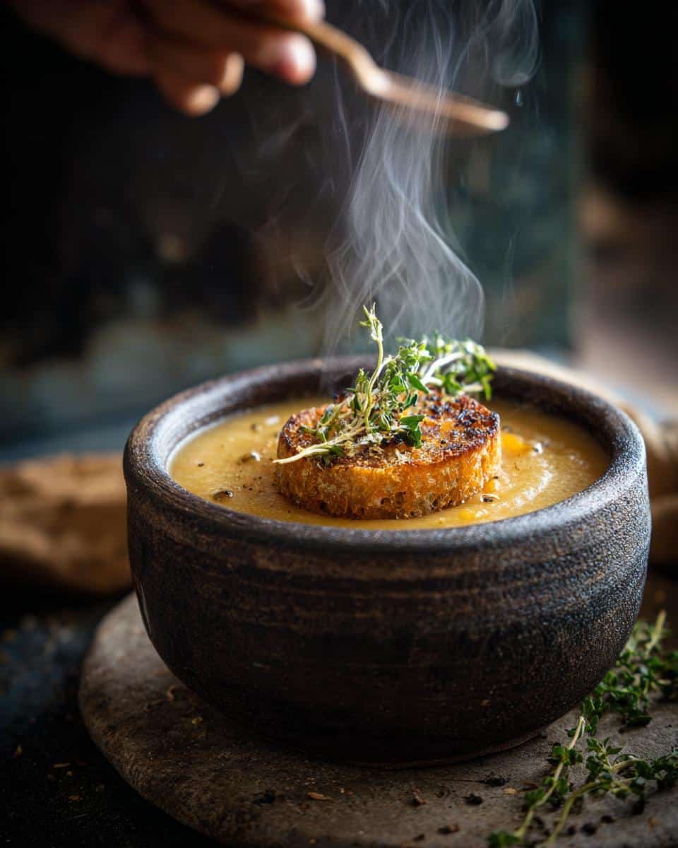 Grandma's Potato Soup: 4 Steps to Delicious Comfort 6 A rustic bowl of steaming potato soup topped with toasted bread and fresh thyme.