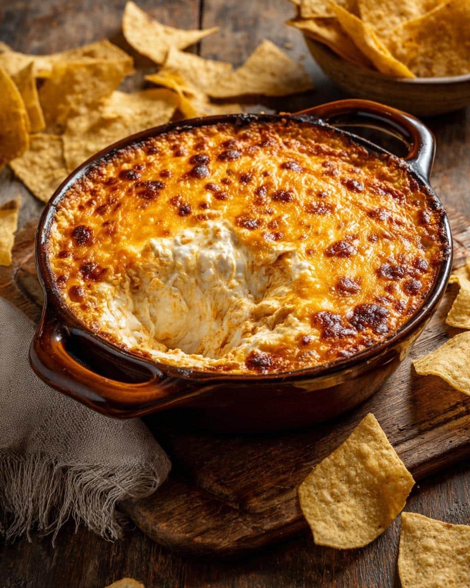 Irresistible Buffalo Chicken Dip Needs Just 6 Ingredients 8 Baked buffalo chicken dip in a brown dish, surrounded by tortilla chips. Creamy, cheesy, and ready to eat.