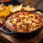 Hot buffalo chicken dip with melted cheese in a cast iron skillet, served with tortilla chips.