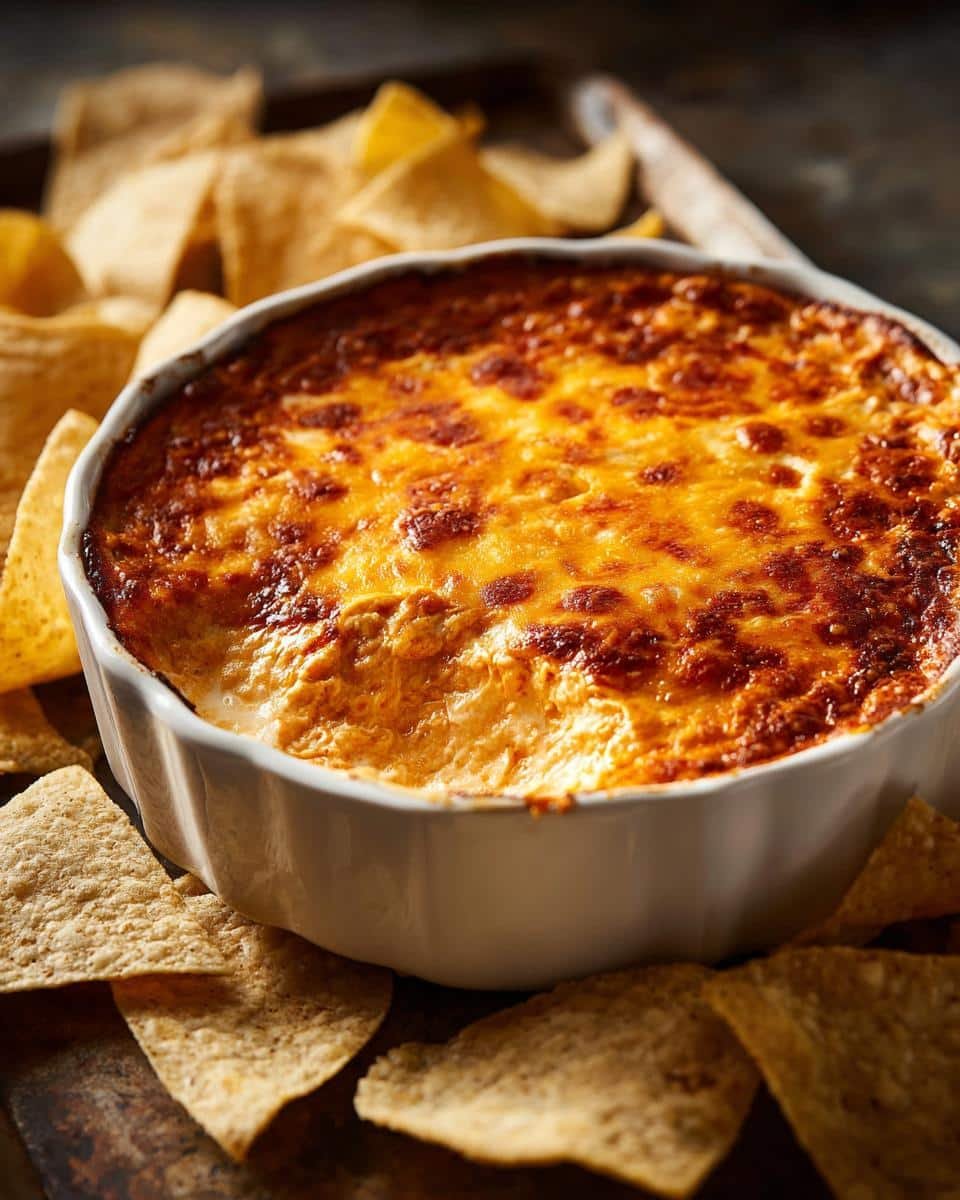 Irresistible Buffalo Chicken Dip Needs Just 6 Ingredients 9 Delicious buffalo chicken dip in a white bowl surrounded by tortilla chips, ready to be served.