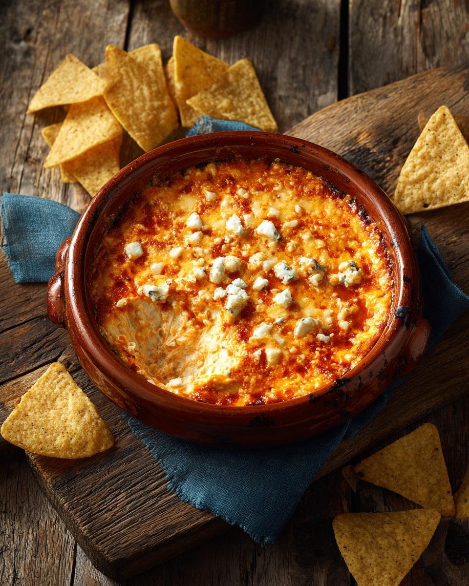 Irresistible Buffalo Chicken Dip Needs Just 6 Ingredients 6 Overhead view of baked buffalo chicken dip in a terracotta dish, served with tortilla chips on a wooden board.