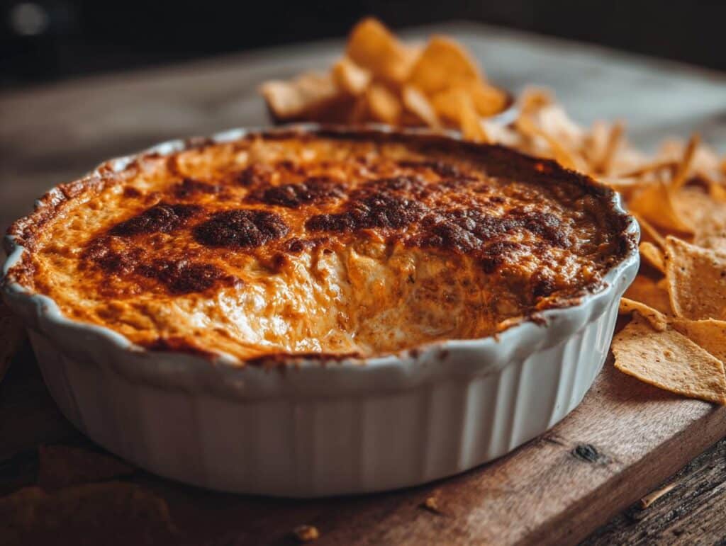 Baked buffalo chicken dip in a white dish, served with tortilla chips on a wooden board.