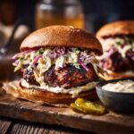 Delicious burger topped with creamy coleslaw dressing, served with pickles and extra dressing.