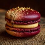 Close-up of a beautiful burgundy macarons with gold edible glitter and chocolate drizzle on a burlap surface.