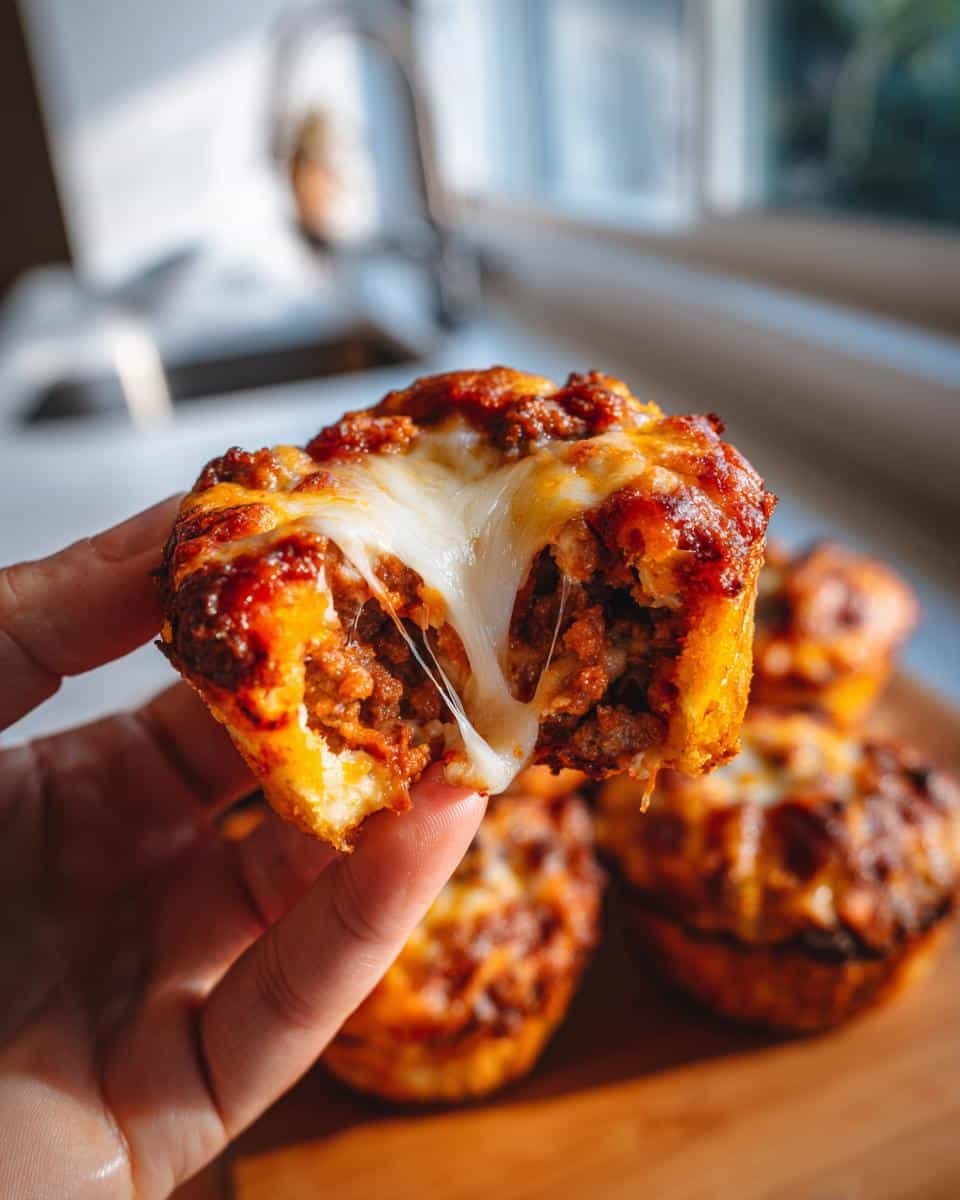 Devilish Carnivore Pizza Muffin: Just 6 Ingredients 6 Close-up of a hand holding a Carnivore Pizza Muffin with a bite taken out, showing melted cheese.