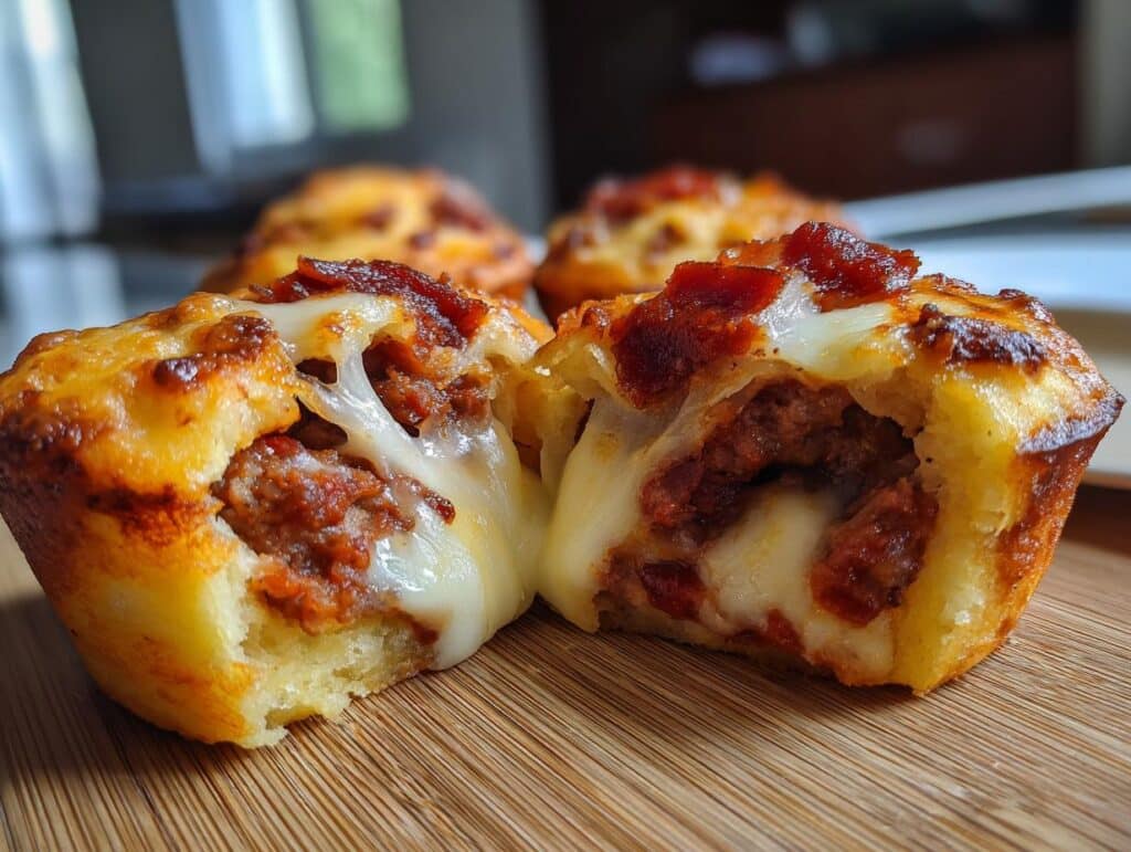 A close-up of a Carnivore Pizza Muffin cut in half, revealing melted cheese and meat filling.