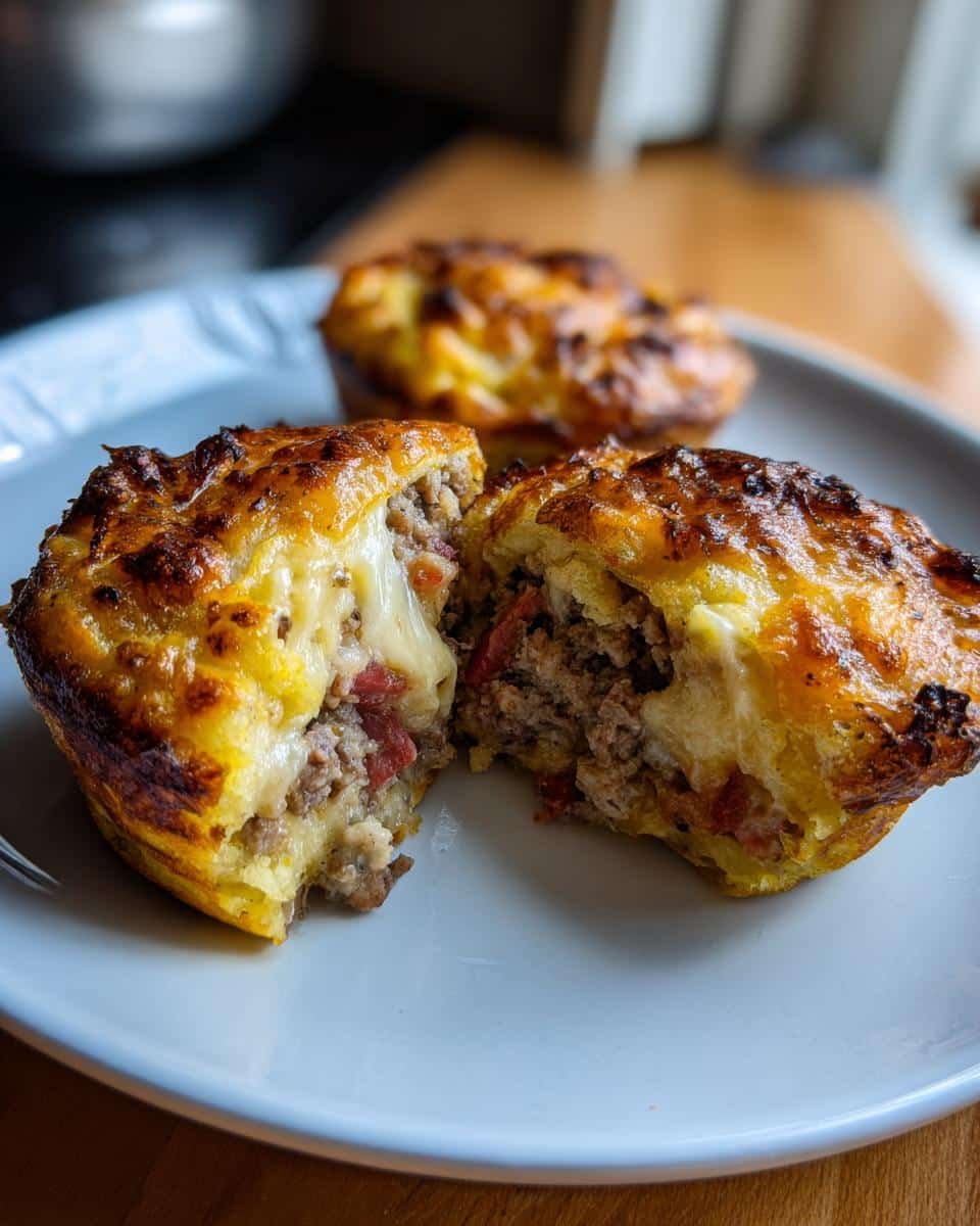 Devilish Carnivore Pizza Muffin: Just 6 Ingredients 7 A Carnivore Pizza Muffin cut in half, showcasing the meaty filling and melted cheese inside.