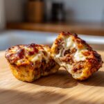 A Carnivore Pizza Muffin cut in half, showcasing the meaty filling and melted cheese on a wooden board.