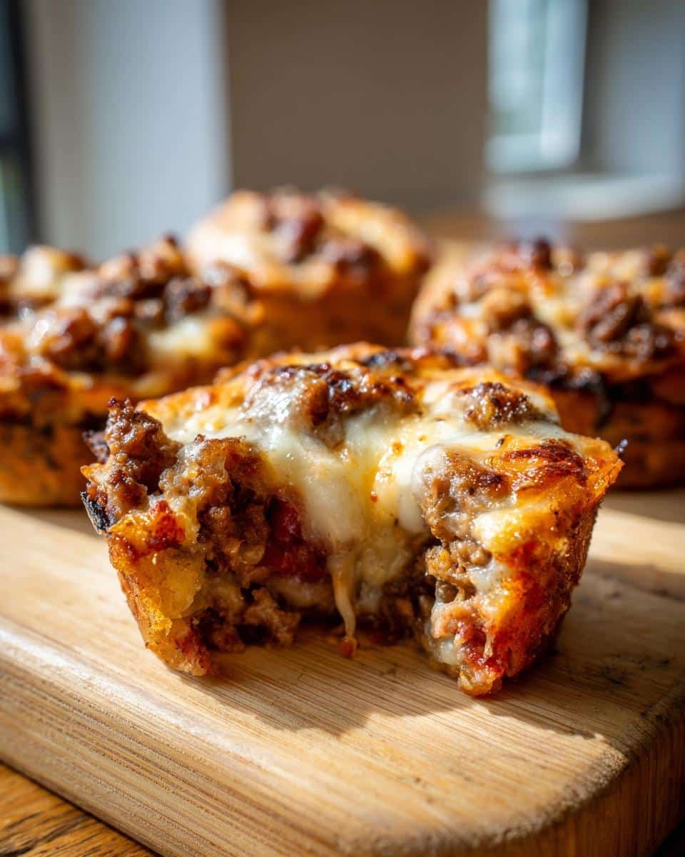 Devilish Carnivore Pizza Muffin: Just 6 Ingredients 8 A carnivore pizza muffin with a bite taken out, showing the meaty filling and melted cheese.