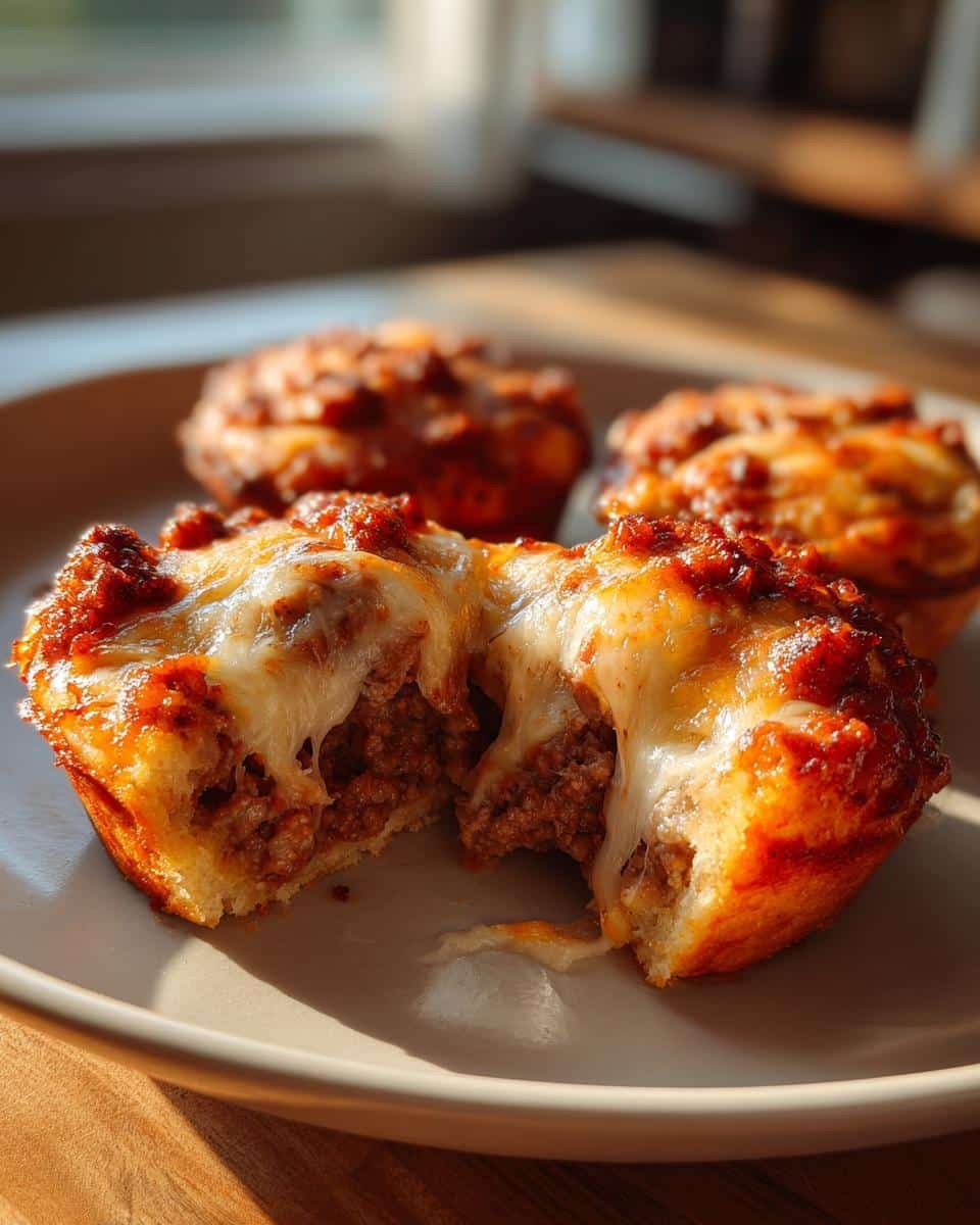 Devilish Carnivore Pizza Muffin: Just 6 Ingredients 9 A halved Carnivore Pizza Muffin showing the meaty filling and melted cheese topping, with two more muffins in the background.