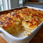 A baking dish of cheesy scalloped potatoes easy with milk, showing layers of potatoes and a golden-brown crust.