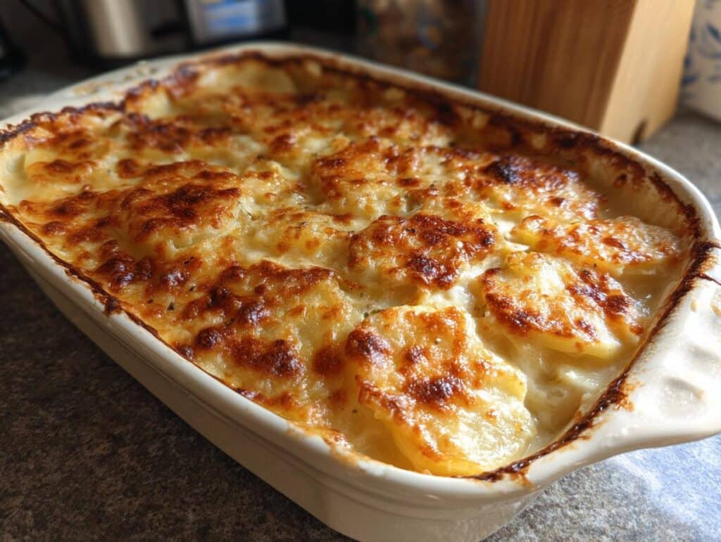 A baking dish filled with cheesy scalloped potatoes easy with milk, baked to a golden brown.