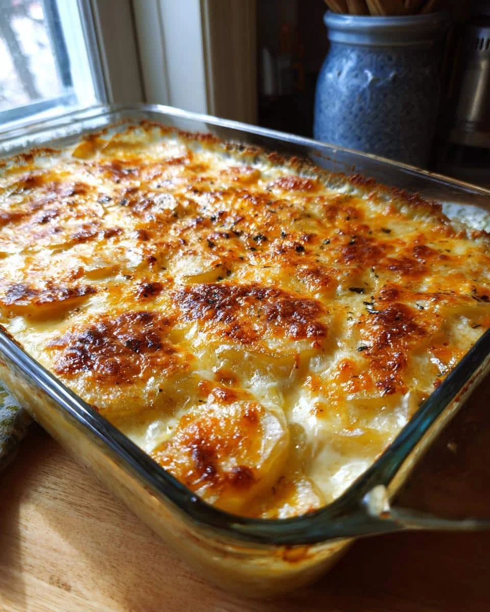 Cheesy Scalloped Potatoes Easy With Milk: Foolproof 20 7 A glass baking dish filled with cheesy scalloped potatoes easy with milk, baked until golden brown and bubbly.