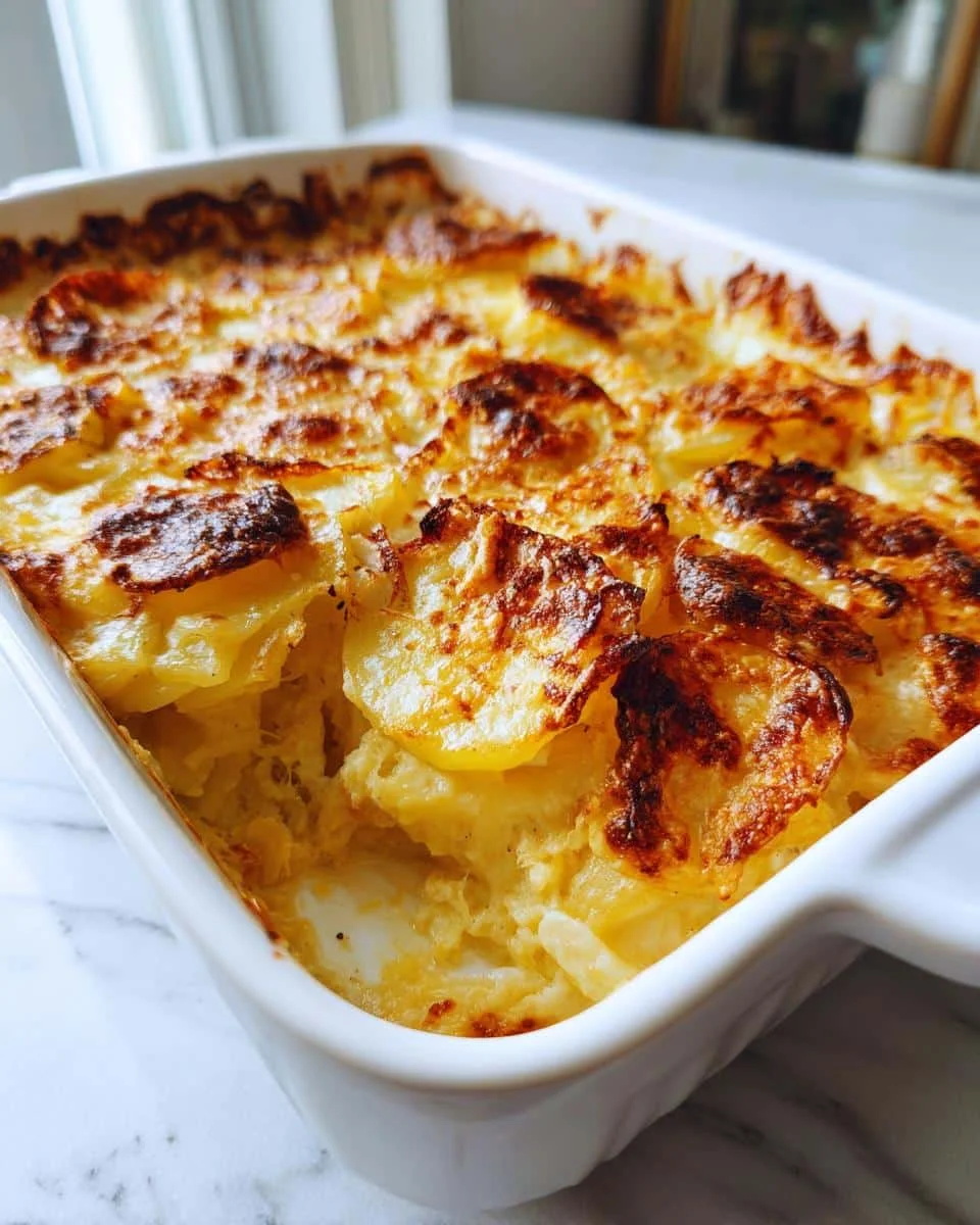 Cheesy Scalloped Potatoes Easy With Milk: Foolproof 20 8 Close-up of cheesy scalloped potatoes easy with milk in a white baking dish, golden brown and bubbly.