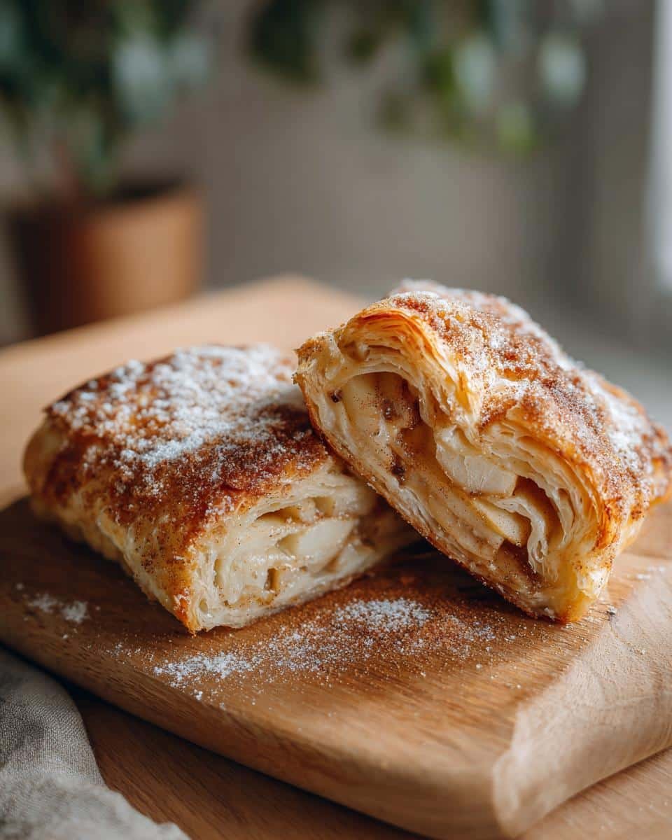 Chicago-Style Bakery Apple Slices: Grandma's Recipe 8 Two Chicago-Style Bakery Apple Slices, dusted with powdered sugar, on a wooden board.