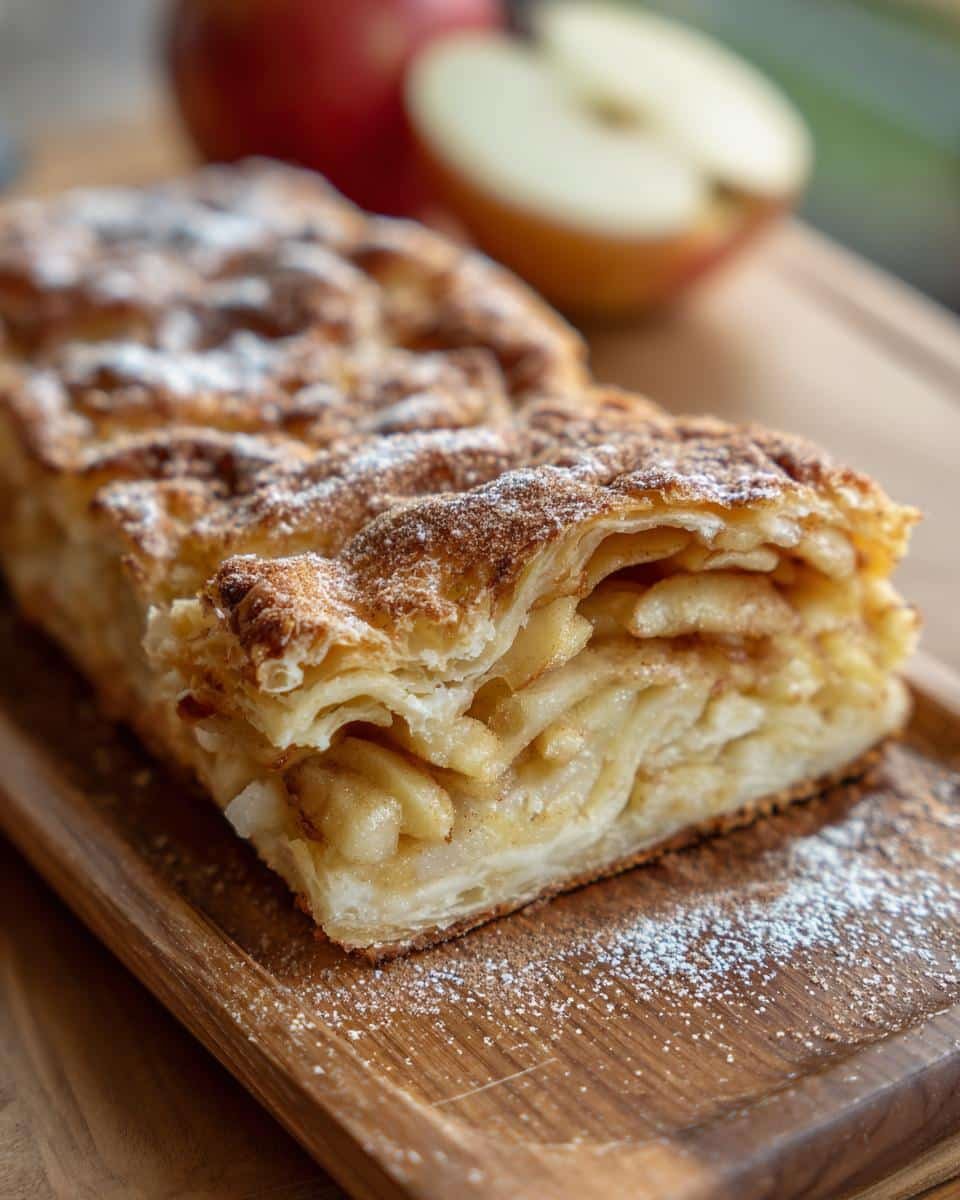 Chicago-Style Bakery Apple Slices: Grandma's Recipe 9 A slice of Chicago-Style Bakery Apple Slices, dusted with powdered sugar, on a wooden board.