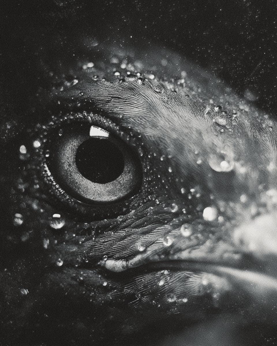 Disgustingly Easy Chicken Salad Recipe in Just 15 Minutes 9 Monochrome close-up of a chicken's eye with water droplets, related to a Chicken Salad Recipe.