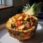 Delicious chicken fried rice pineapple bowl filled with rice, chicken, vegetables, and egg.