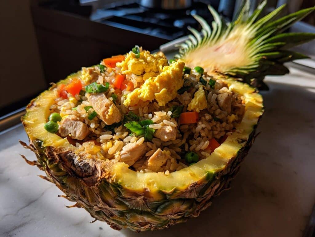 A delicious chicken fried rice pineapple bowl filled with rice, chicken, vegetables, and egg.