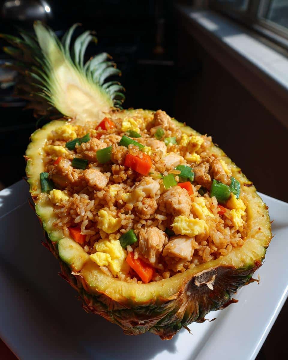Irresistible Chicken Fried Rice Pineapple Bowl in 30 6 A vibrant chicken fried rice pineapple bowl filled with rice, chicken, vegetables, and egg.