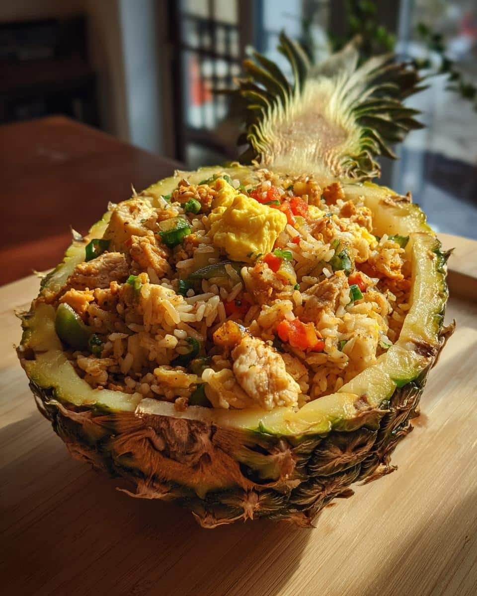 Irresistible Chicken Fried Rice Pineapple Bowl in 30 7 Delicious chicken fried rice served inside a fresh pineapple bowl. Colorful and flavorful!