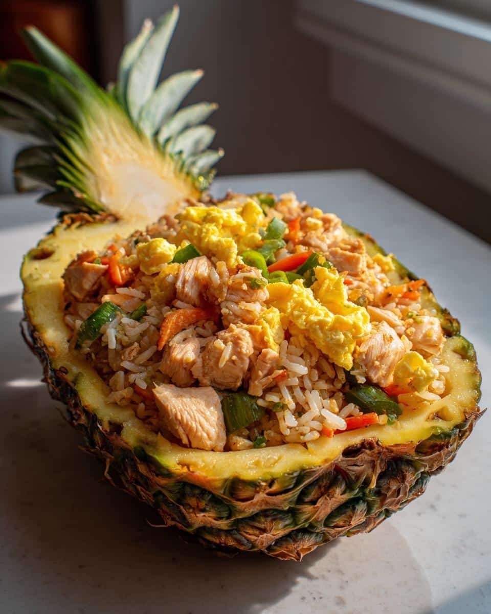 Irresistible Chicken Fried Rice Pineapple Bowl in 30 9 Delicious chicken fried rice served inside a fresh pineapple bowl. Colorful and flavorful!