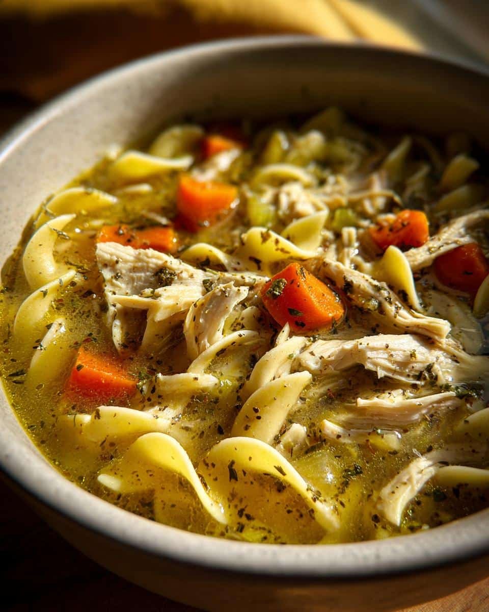 Grandma's Chicken Noodle Soup: Banishes the Blues 8 A comforting bowl of Grandma's chicken noodle soup with egg noodles, chicken, carrots, and herbs.