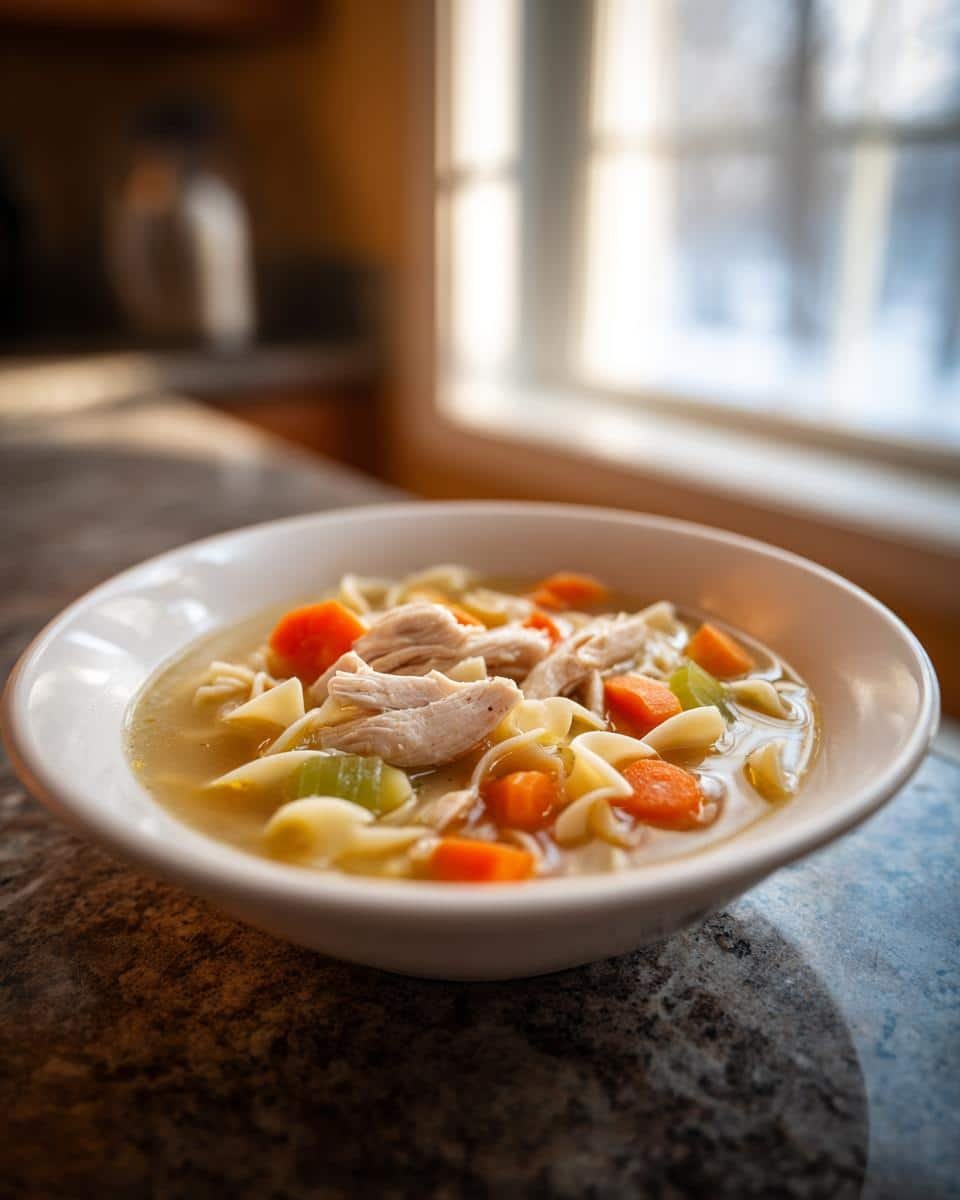 Grandma's Chicken Noodle Soup: Banishes the Blues 7 A comforting bowl of chicken noodle soup with egg noodles, chicken, carrots, and celery.