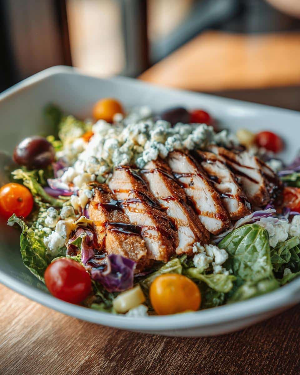 Disgustingly Easy Chicken Salad Recipe in Just 15 Minutes 7 A vibrant Chicken Salad Recipe featuring sliced grilled chicken, mixed greens, tomatoes, and blue cheese with balsamic glaze.