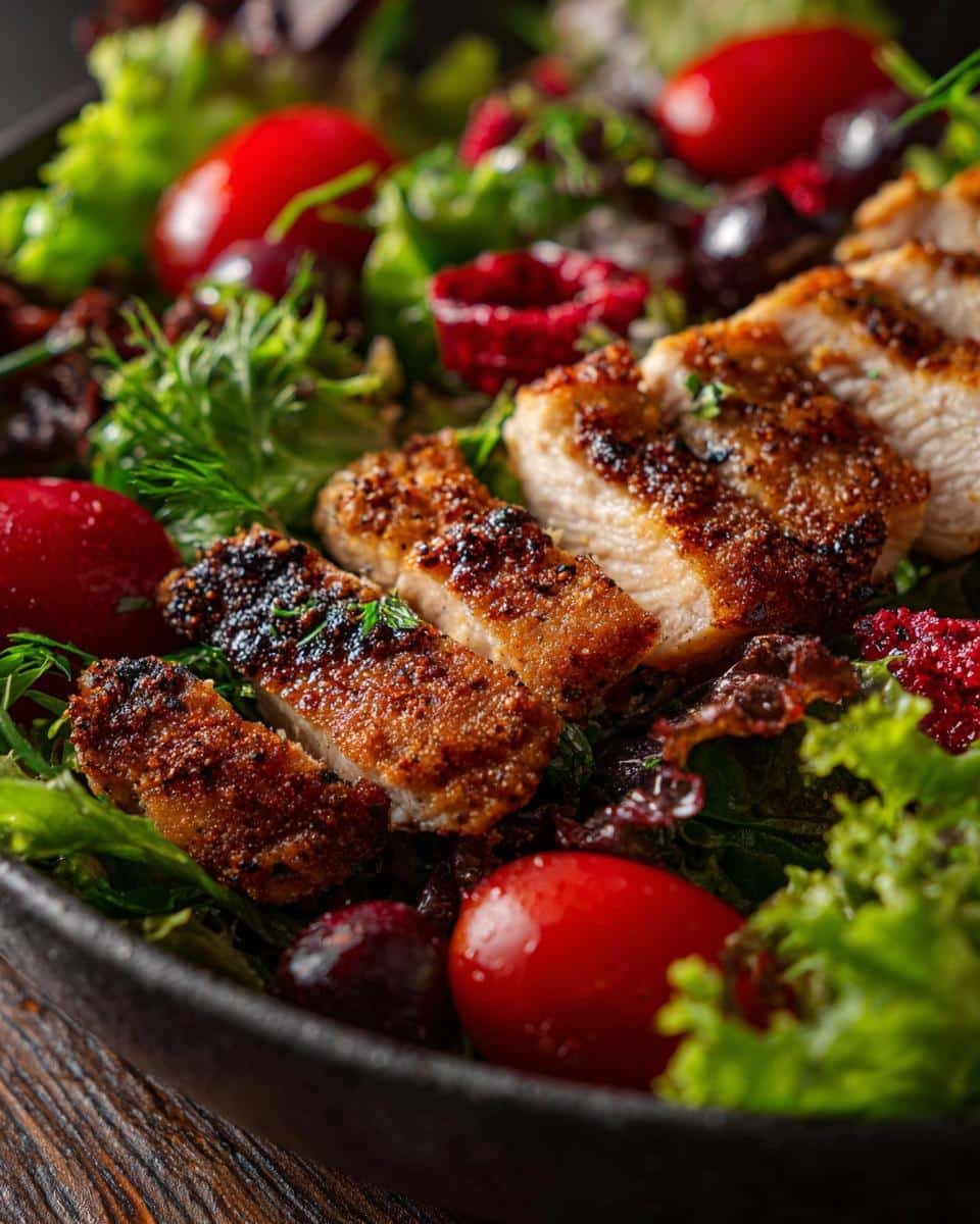 Disgustingly Easy Chicken Salad Recipe in Just 15 Minutes 6 Close-up of a Chicken Salad Recipe featuring sliced chicken, lettuce, tomatoes, and cranberries.