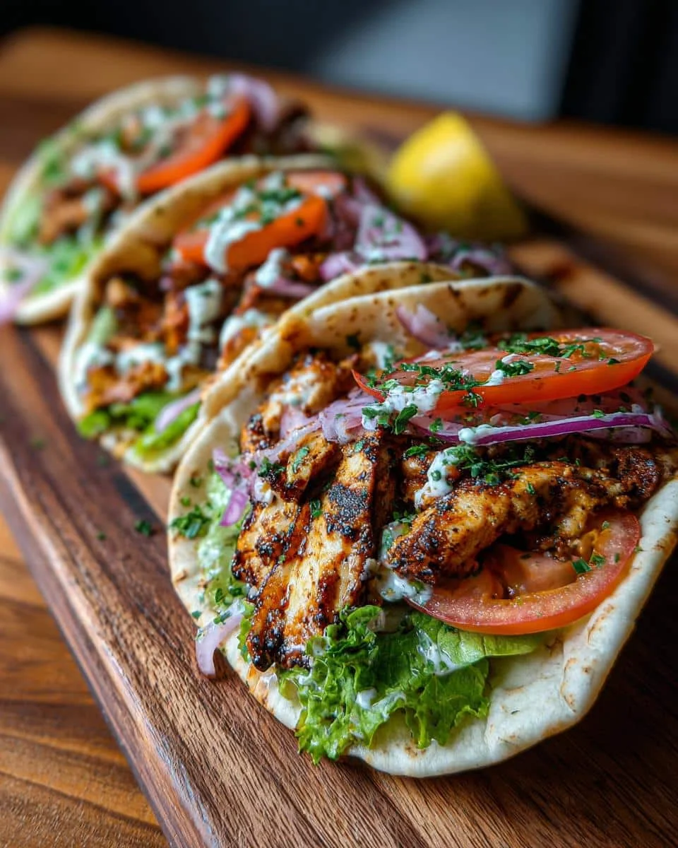 Chicken Shawarma: The #1 Delicious, Foolproof Recipe 8 Close-up of Chicken Shawarma on pita bread with lettuce, tomato, red onion, and creamy sauce.