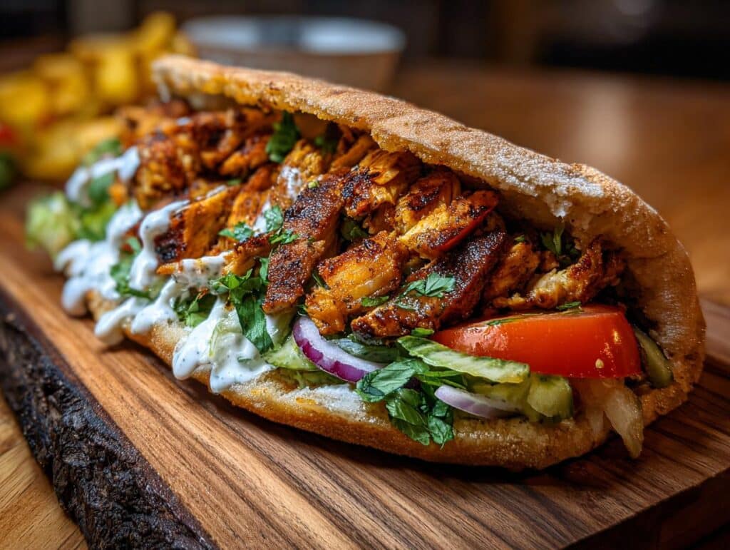 Close-up of a Chicken Shawarma sandwich with chicken, vegetables, and sauce on a wooden board.
