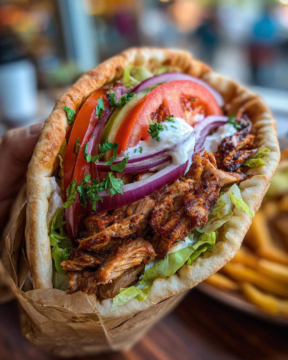 Chicken Shawarma: The #1 Delicious, Foolproof Recipe 7 A close-up of a flavorful Chicken Shawarma wrap with chicken, lettuce, tomato, onion, and a creamy sauce.