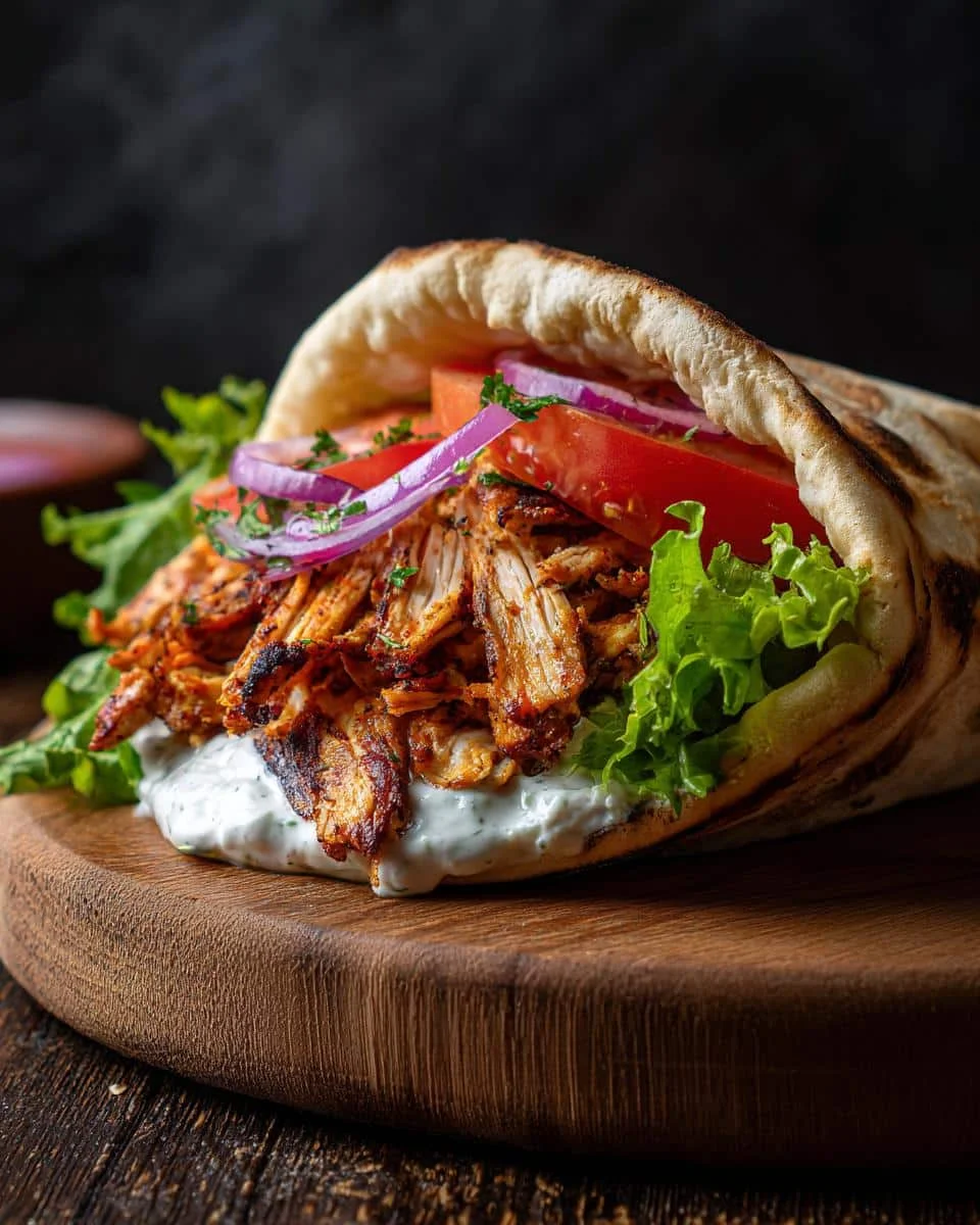 Chicken Shawarma: The #1 Delicious, Foolproof Recipe 9 A flavorful Chicken Shawarma wrap filled with chicken, lettuce, tomato, red onion, and creamy sauce.