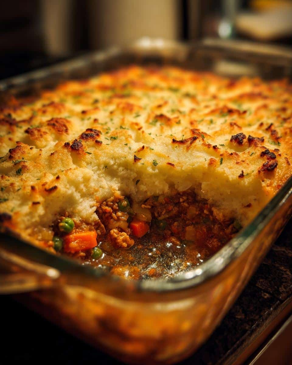 Incredible Chicken Shepherds Pie Recipe Made With 1 Pan 7 Baked chicken shepherds pie recipe in a glass baking dish, showing the filling and mashed potato topping.