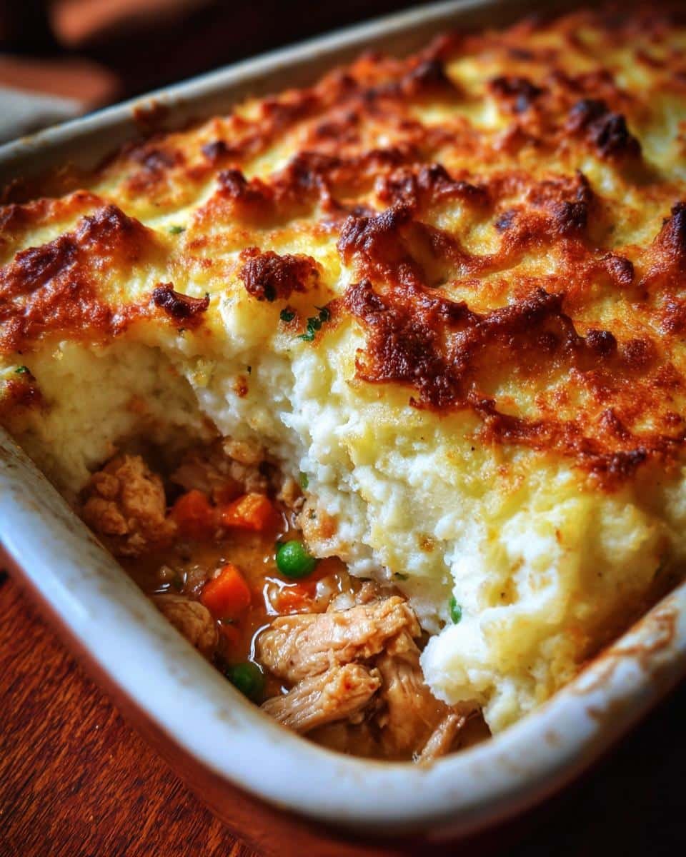 Incredible Chicken Shepherds Pie Recipe Made With 1 Pan 8 Close-up of chicken shepherds pie recipe with mashed potato topping, chicken, peas, and carrots.
