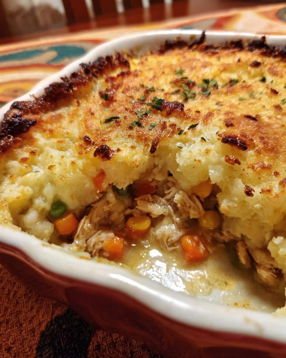 Incredible Chicken Shepherds Pie Recipe Made With 1 Pan 9 Close-up of chicken shepherds pie recipe in a red baking dish, showing the chicken, vegetables, and mashed potato topping.