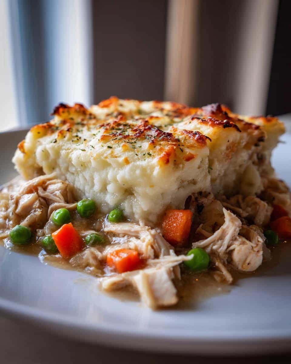 Best Shepherds Pie Recipe Chicken: Shockingly Good 8 A plated serving of the best shepherds pie recipe chicken, featuring shredded chicken, vegetables, and a mashed potato topping.