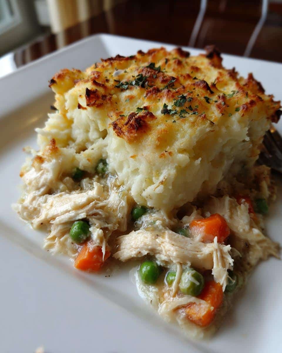Best Shepherds Pie Recipe Chicken: Shockingly Good 6 A slice of chicken shepherds pie recipe with mashed potato topping, chicken, peas, and carrots.