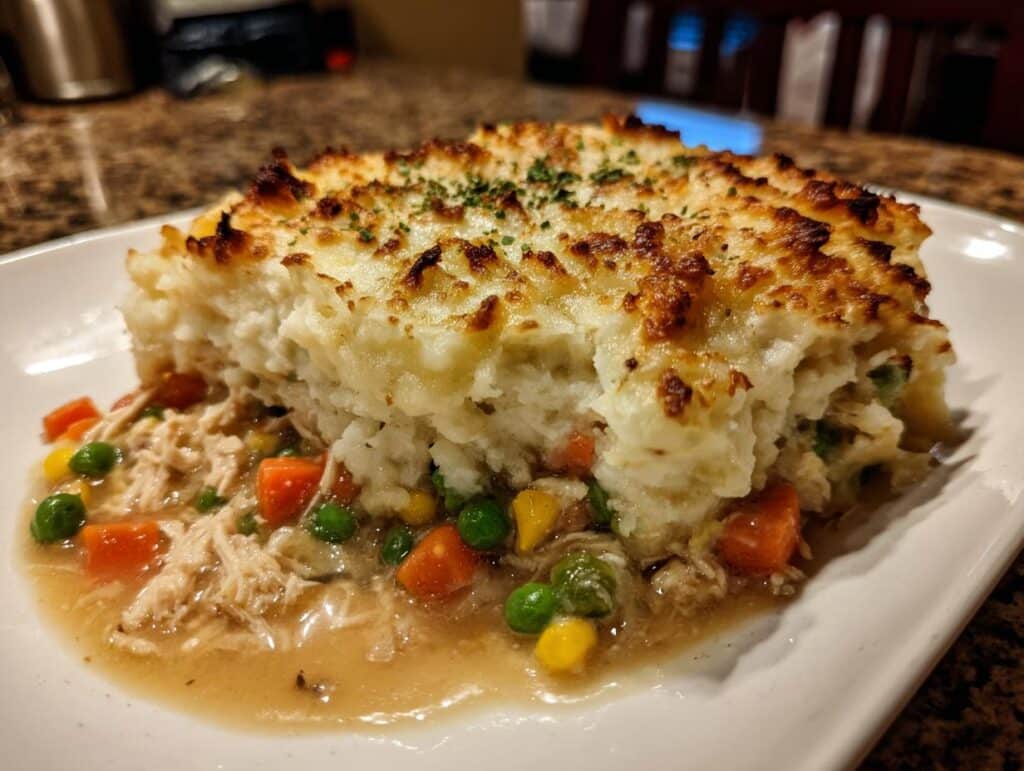 A slice of chicken shepherds pie recipe with a golden mashed potato topping and chicken and vegetable filling.