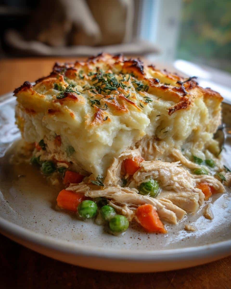 Best Shepherds Pie Recipe Chicken: Shockingly Good 9 A slice of chicken shepherds pie recipe with chicken, peas, carrots, and mashed potato topping.