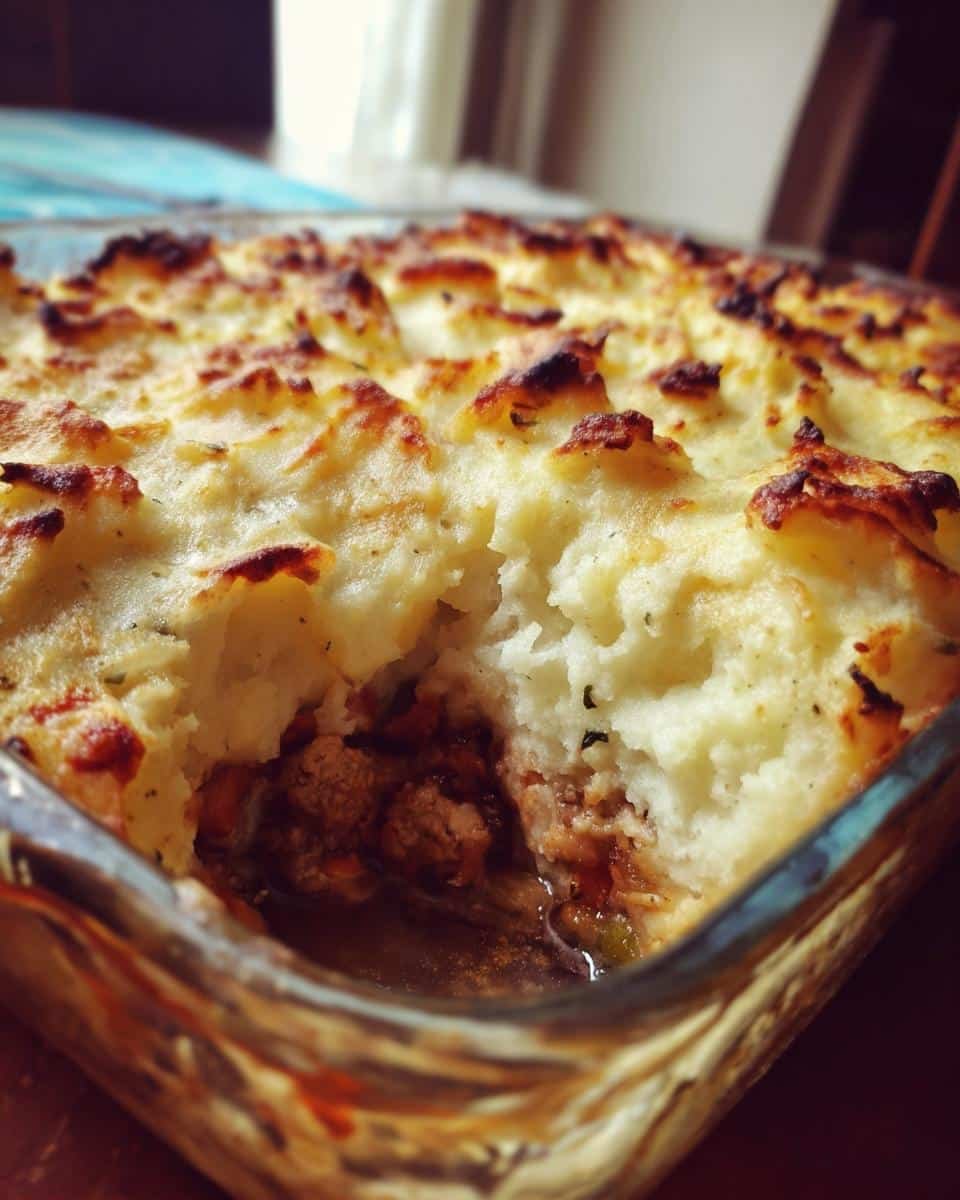 Incredible Chicken Shepherds Pie Recipe Made With 1 Pan 6 Close-up of a chicken shepherds pie recipe in a glass baking dish with a portion removed, showing the filling.